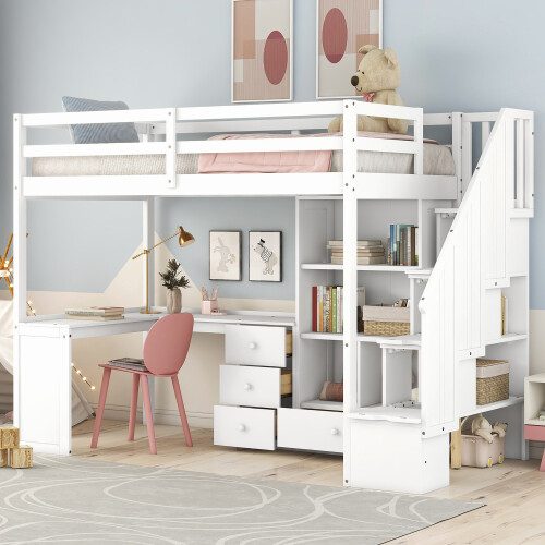 Solid wood loft bed with - bed, desk